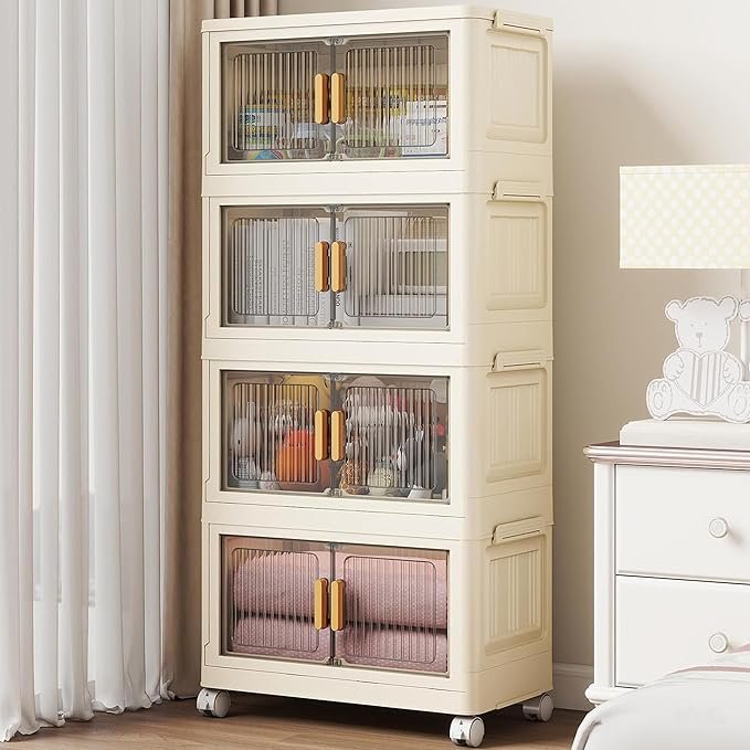 REXERA ๐ ๐๐๐๐ Plastic Wardrobe for Storage Cabinet with Wheels | Multipurpose Clothes organizer Almirah Wardrobe for Clothes, Kitchen Cupboard | Plastic Organizer with Transparent Doors - WHITE